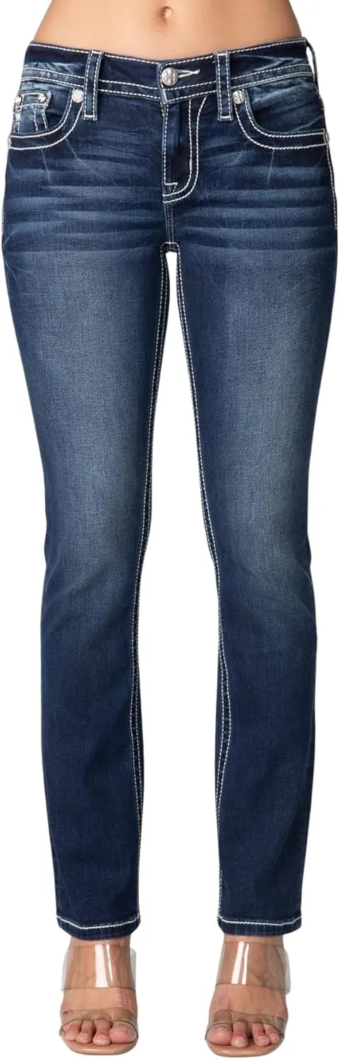 Miss Me Women's Leather Criss Cross Faux Flap Pocket Mid-Rise Straight Jeans