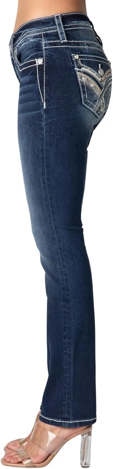 Miss Me Women's Leather Criss Cross Faux Flap Pocket Mid-Rise Straight Jeans