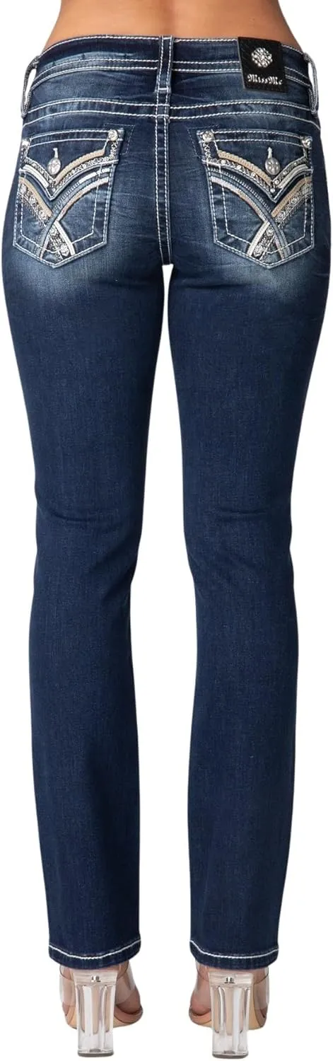 Miss Me Women's Leather Criss Cross Faux Flap Pocket Mid-Rise Straight Jeans
