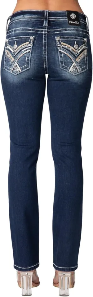 Miss Me Women's Leather Criss Cross Faux Flap Pocket Mid-Rise Straight Jeans