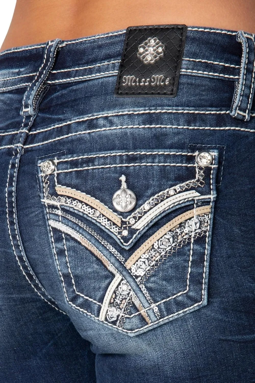 Miss Me Women's Leather Criss Cross Faux Flap Pocket Mid-Rise Straight Jeans