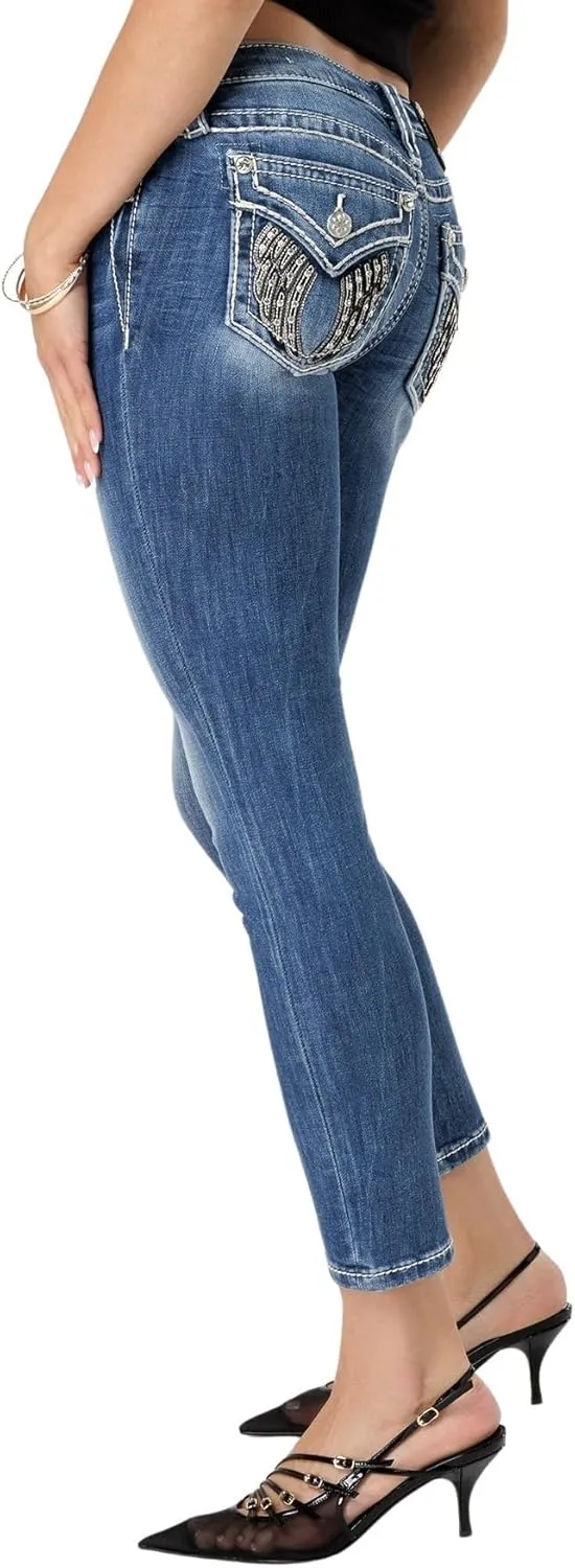 Miss Me Women's Leather Shadow Wings Low-Rise Skinny Jeans