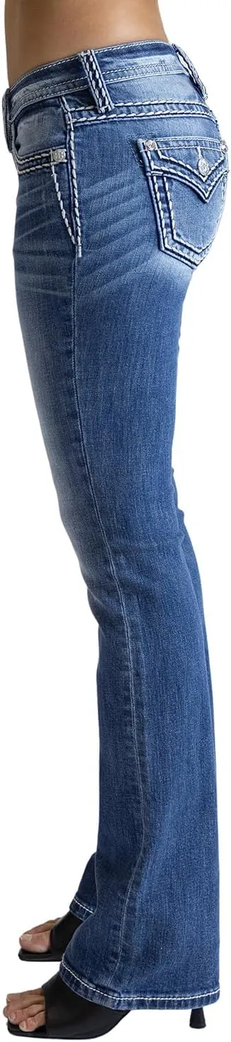 Miss Me Women's Saddle Stitch Faux Flap Pockets Low-Rise Bootcut Jeans