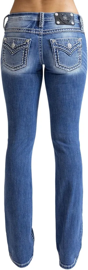 Miss Me Women's Saddle Stitch Faux Flap Pockets Low-Rise Bootcut Jeans