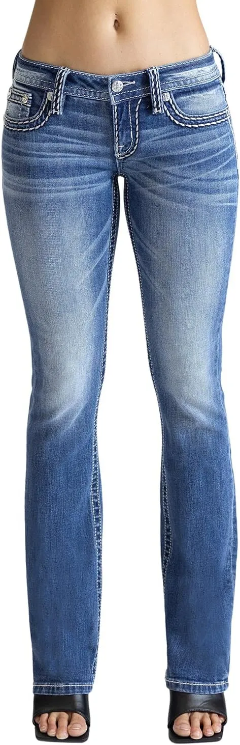 Miss Me Women's Saddle Stitch Faux Flap Pockets Low-Rise Bootcut Jeans