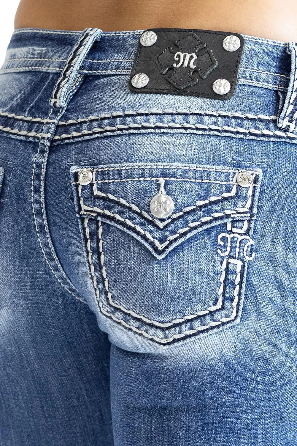 Miss Me Women's Saddle Stitch Faux Flap Pockets Low-Rise Bootcut Jeans