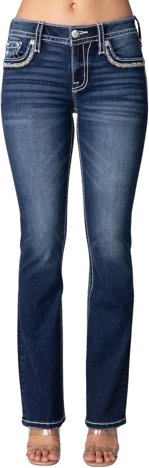 Miss Me Women's Silver Moonshine Faux Flap Pocket Mid-Rise Bootcut Jeans
