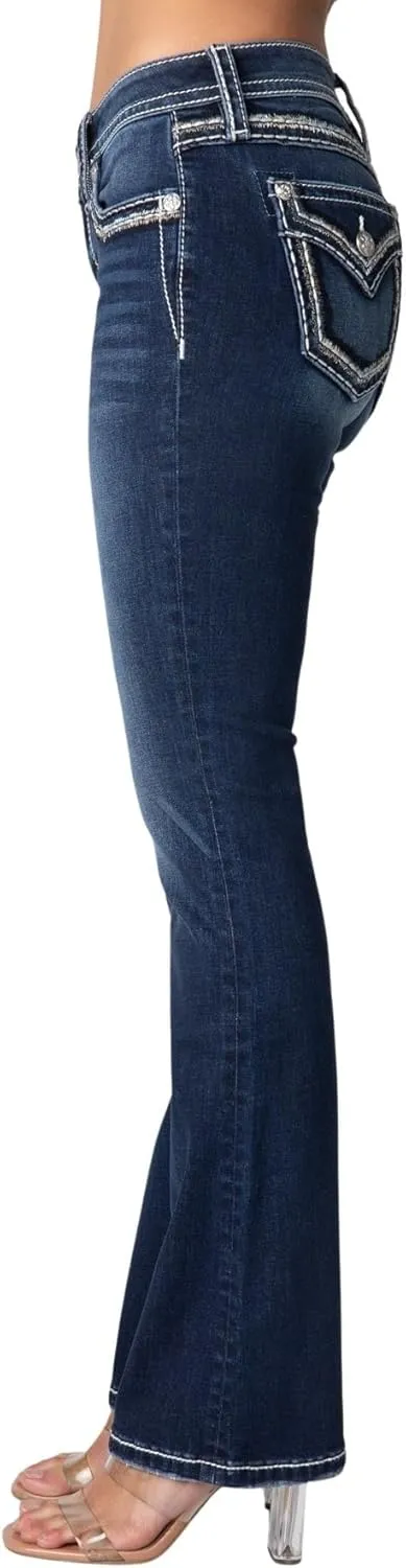 Miss Me Women's Silver Moonshine Faux Flap Pocket Mid-Rise Bootcut Jeans