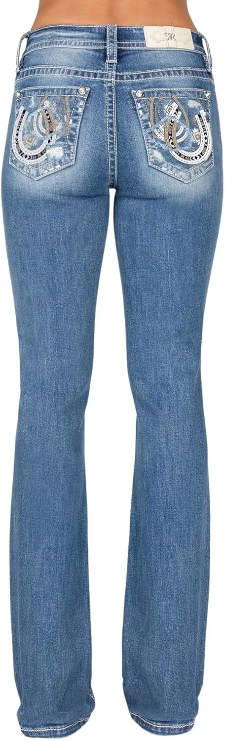 Miss Me Women's Two Tone Dual Horseshoe Applique Mid-Rise Bootcut Jeans
