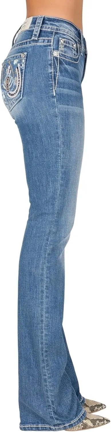 Miss Me Women's Two Tone Dual Horseshoe Applique Mid-Rise Bootcut Jeans