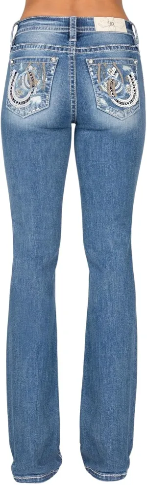 Miss Me Women's Two Tone Dual Horseshoe Applique Mid-Rise Bootcut Jeans