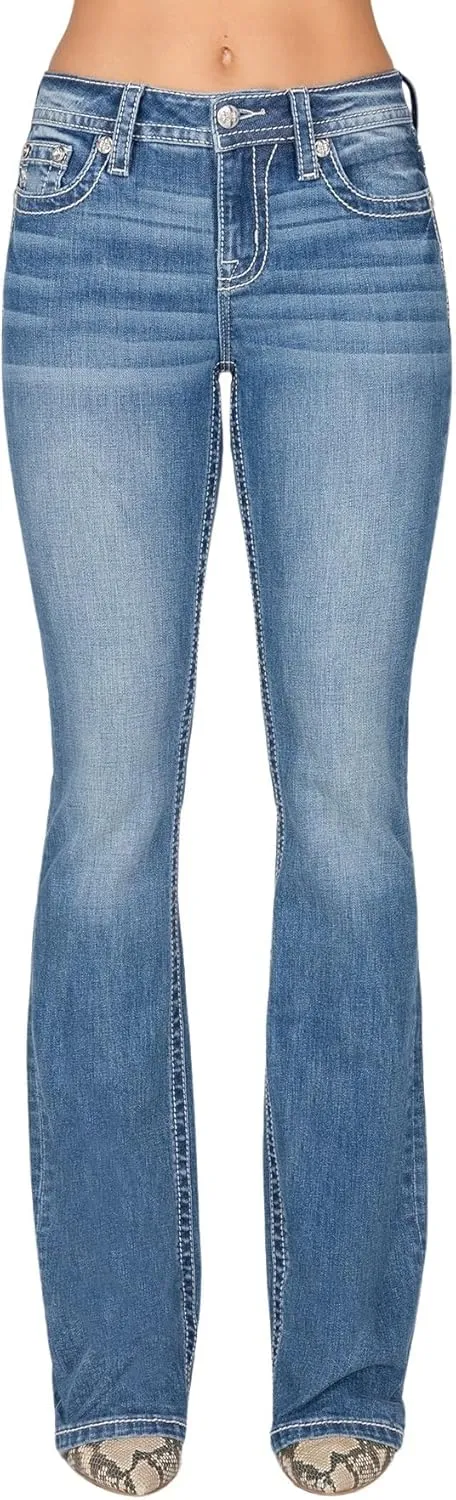 Miss Me Women's Two Tone Dual Horseshoe Applique Mid-Rise Bootcut Jeans