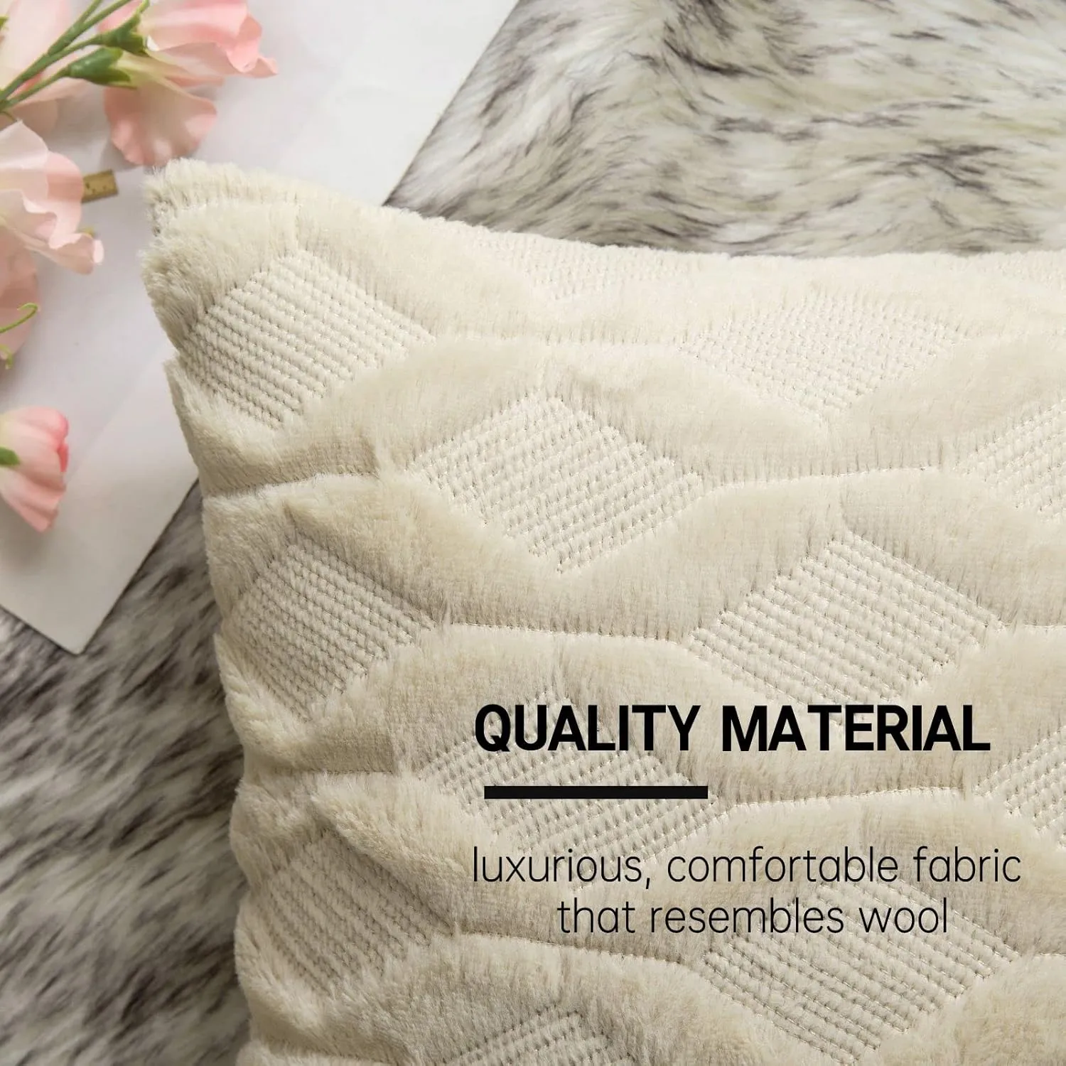 MIULEE Beige Christmas Throw Pillow Covers 18x18 Set of 2 Spring Decorative Farmhouse Couch Throw Pillows Boho Shells Cute Soft Plush Wool Winter Pillowcases for Bedroom Living Room Sofa