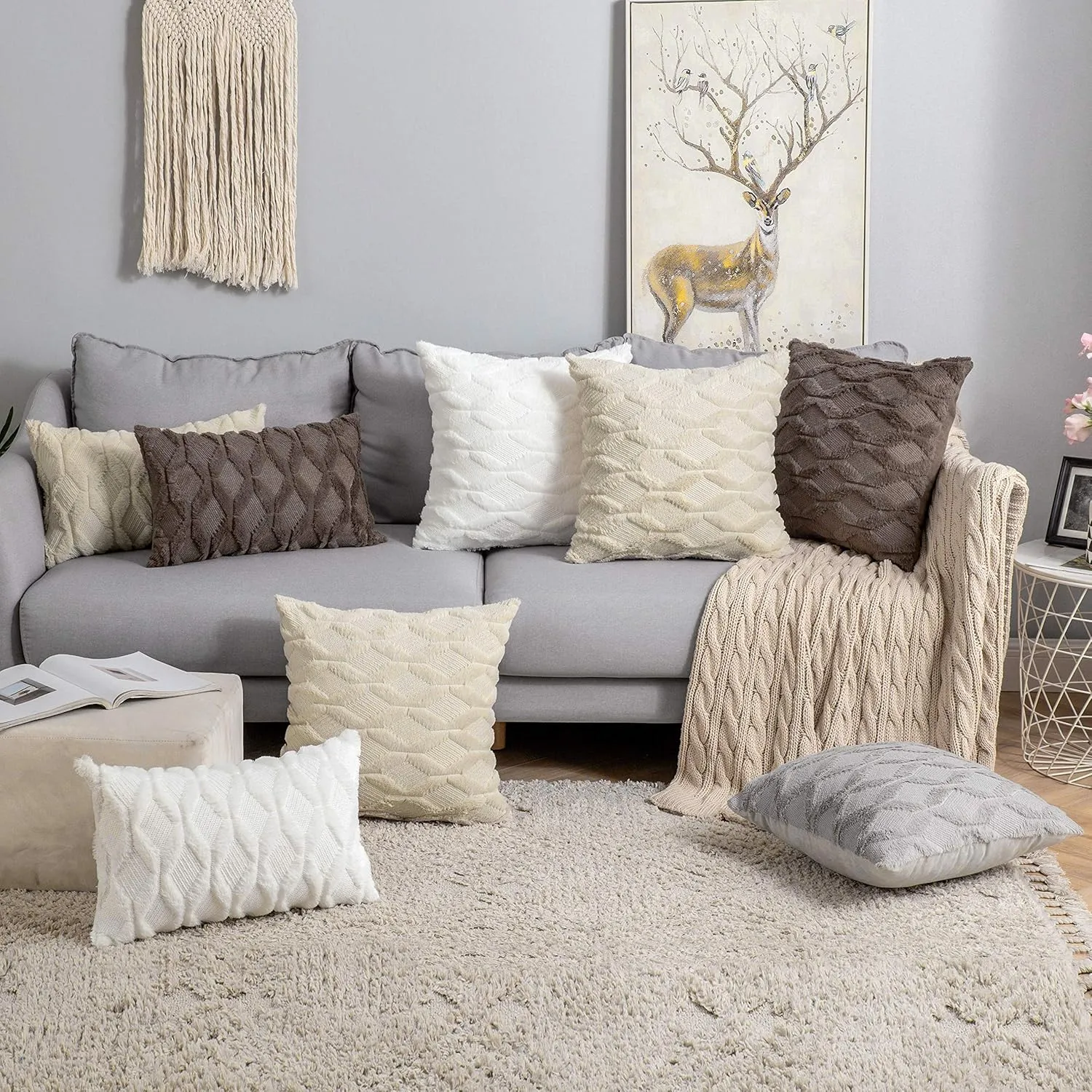 MIULEE Beige Christmas Throw Pillow Covers 18x18 Set of 2 Spring Decorative Farmhouse Couch Throw Pillows Boho Shells Cute Soft Plush Wool Winter Pillowcases for Bedroom Living Room Sofa
