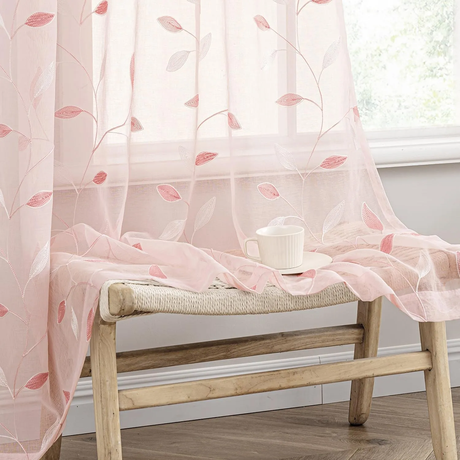 MIULEE Pink Sheer Curtains 2 Panels Embroidered Leaf Patterned Rod Pocket Floral Semi Sheer Faux Linen Window Curtains Drapes Set for Living Room Bedroom Dining Room, 52x63 Inches Length