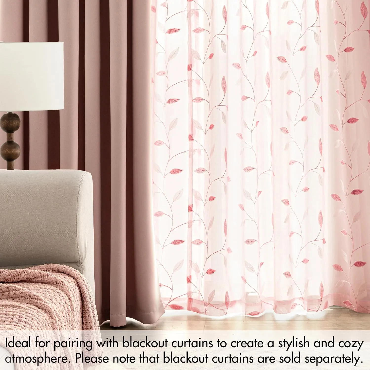 MIULEE Pink Sheer Curtains 2 Panels Embroidered Leaf Patterned Rod Pocket Floral Semi Sheer Faux Linen Window Curtains Drapes Set for Living Room Bedroom Dining Room, 52x63 Inches Length