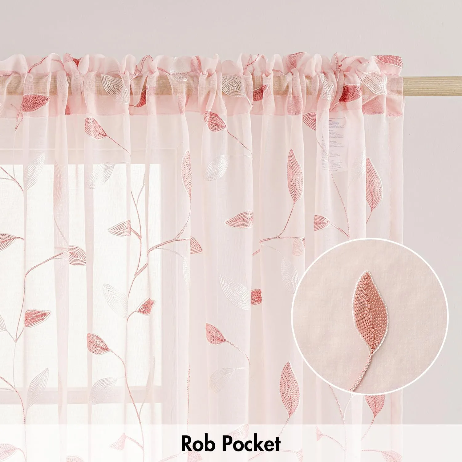 MIULEE Pink Sheer Curtains 2 Panels Embroidered Leaf Patterned Rod Pocket Floral Semi Sheer Faux Linen Window Curtains Drapes Set for Living Room Bedroom Dining Room, 52x63 Inches Length