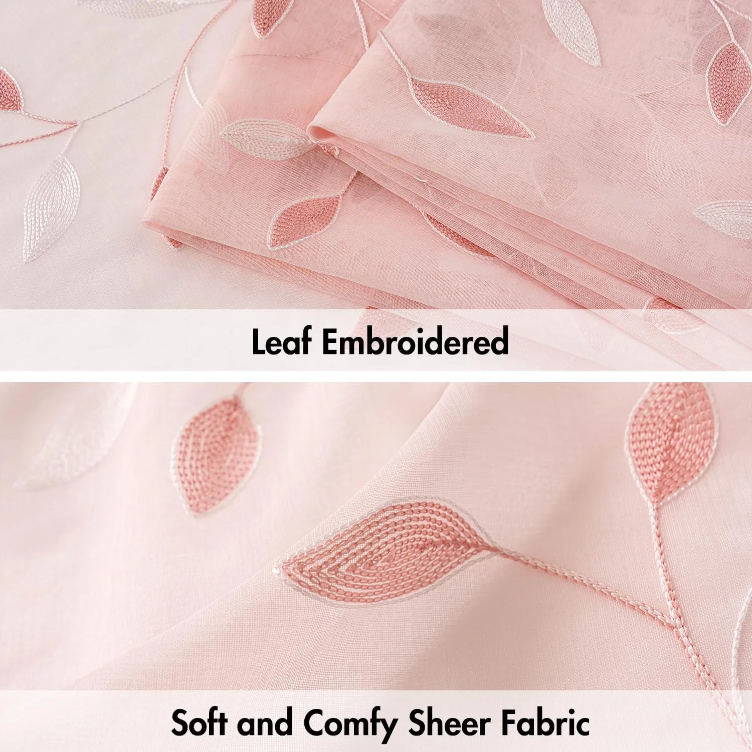 MIULEE Pink Sheer Curtains 2 Panels Embroidered Leaf Patterned Rod Pocket Floral Semi Sheer Faux Linen Window Curtains Drapes Set for Living Room Bedroom Dining Room, 52x63 Inches Length