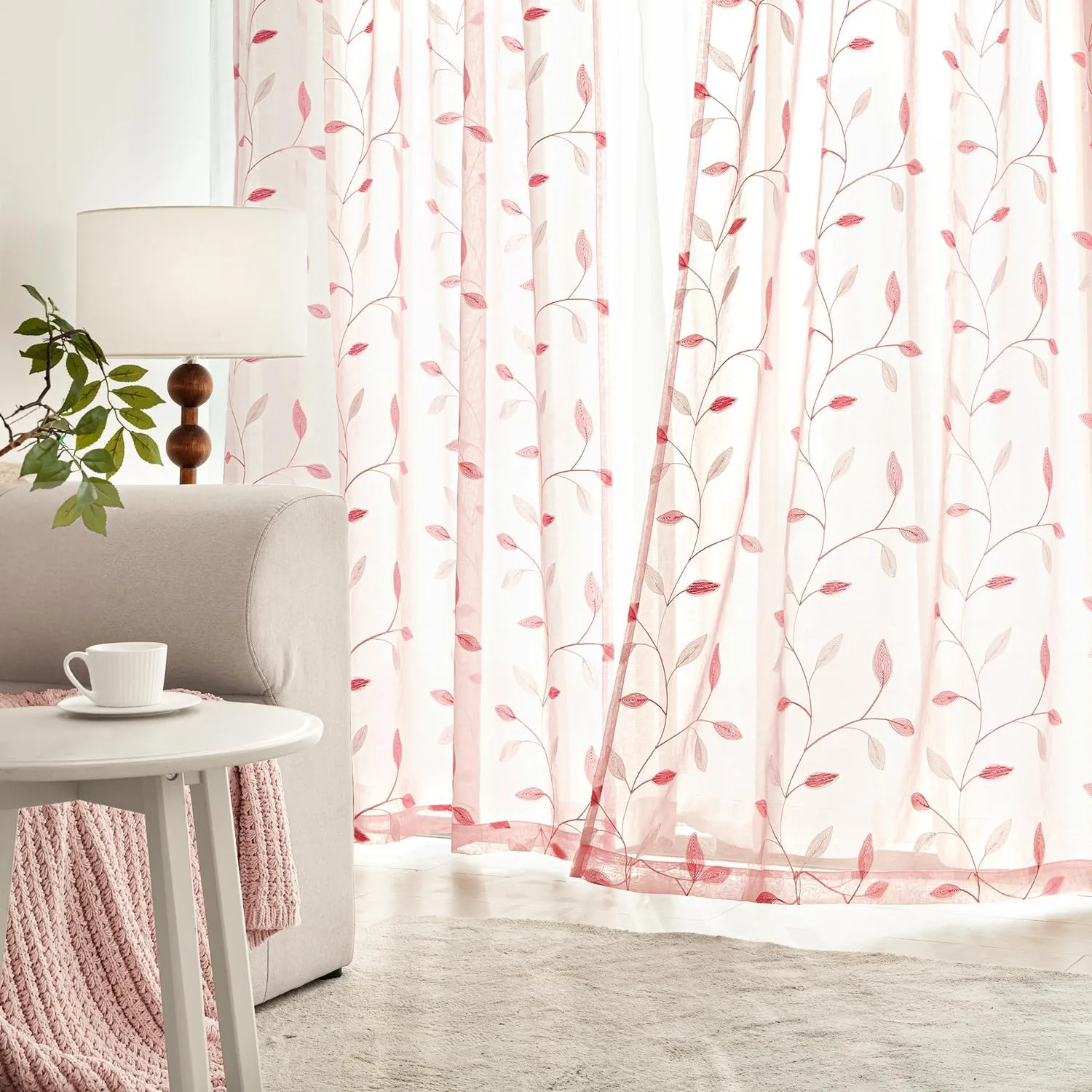 MIULEE Pink Sheer Curtains 2 Panels Embroidered Leaf Patterned Rod Pocket Floral Semi Sheer Faux Linen Window Curtains Drapes Set for Living Room Bedroom Dining Room, 52x63 Inches Length