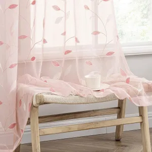 MIULEE Pink Sheer Curtains 2 Panels Embroidered Leaf Patterned Rod Pocket Floral Semi Sheer Faux Linen Window Curtains Drapes Set for Living Room Bedroom Dining Room, 52x63 Inches Length