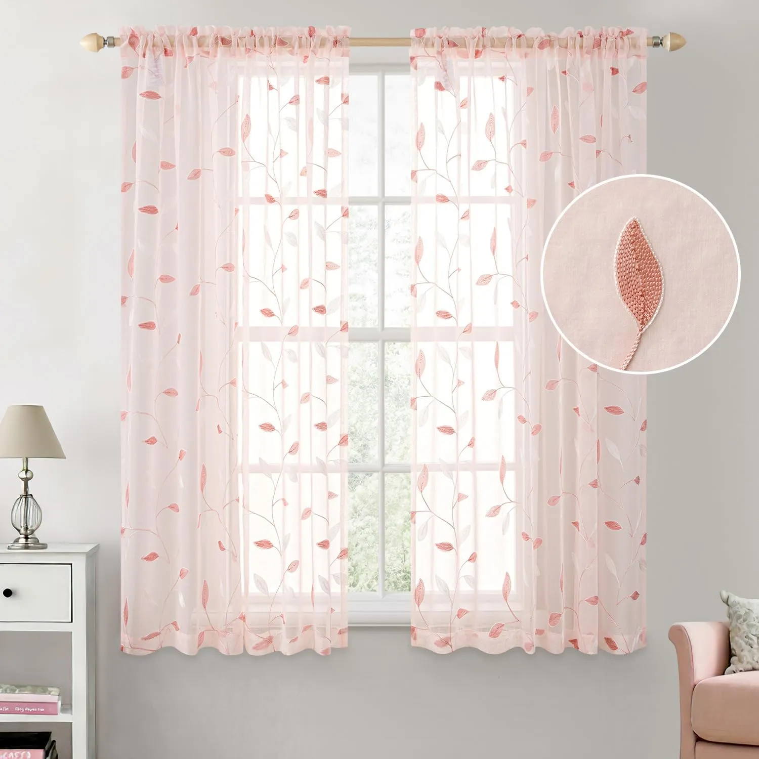 MIULEE Pink Sheer Curtains 2 Panels Embroidered Leaf Patterned Rod Pocket Floral Semi Sheer Faux Linen Window Curtains Drapes Set for Living Room Bedroom Dining Room, 52x63 Inches Length