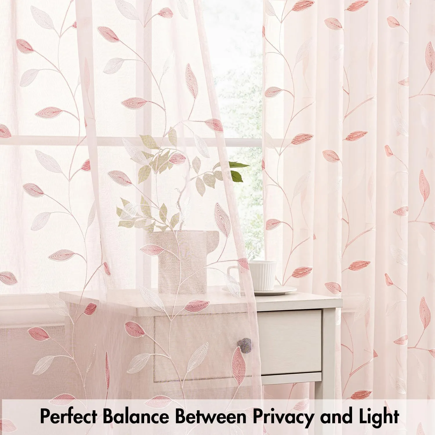 MIULEE Pink Sheer Curtains 2 Panels Embroidered Leaf Patterned Rod Pocket Floral Semi Sheer Faux Linen Window Curtains Drapes Set for Living Room Bedroom Dining Room, 52x63 Inches Length