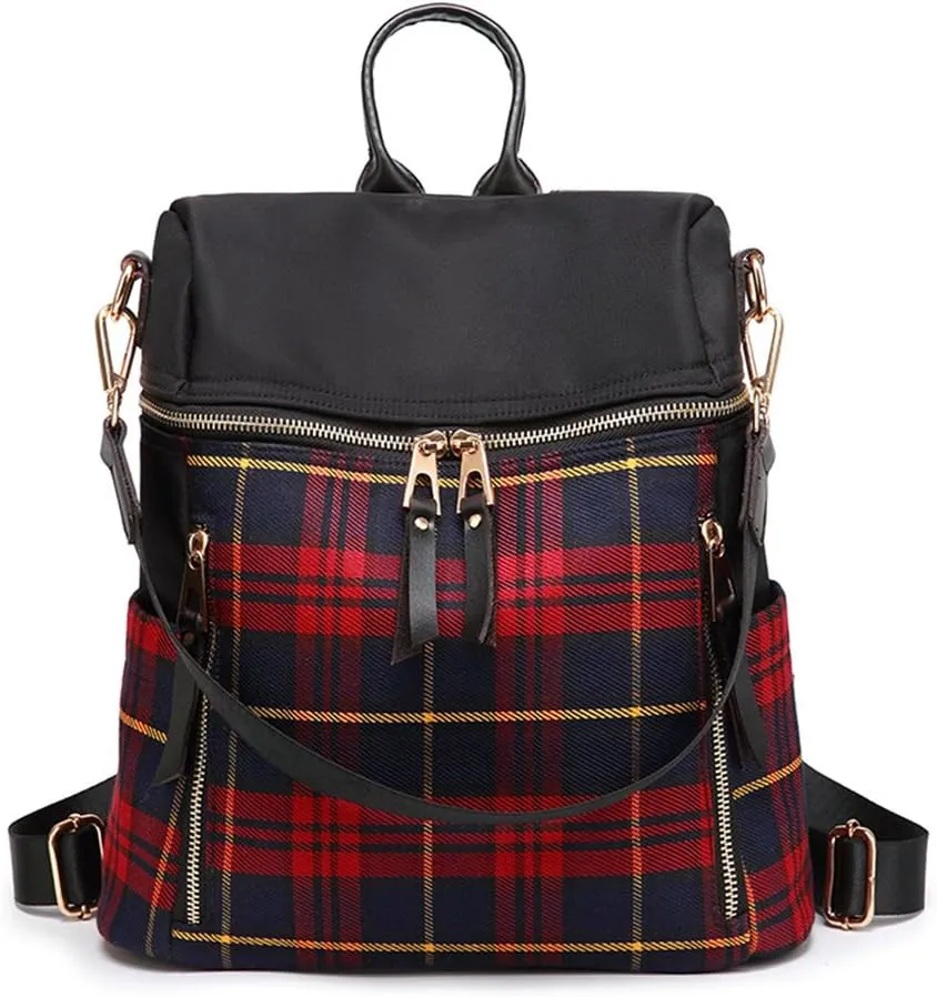 Mn&Sue Red Plaid Backpack Purse for Women Fashion Casual Daypack Dual-use Travel Shoulder Bag Rucksack