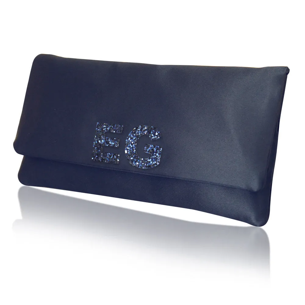 Monogram glitter initial satin medium clutch handbag