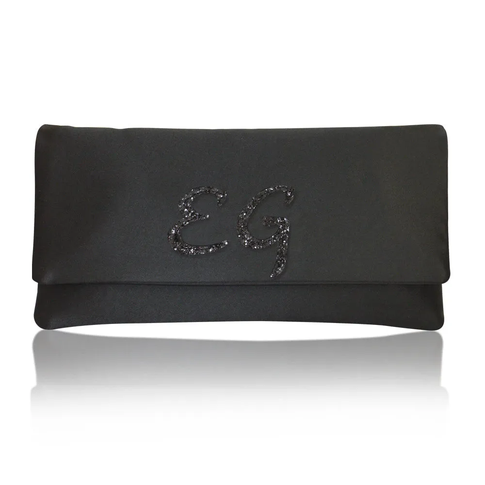 Monogram glitter initial satin medium clutch handbag