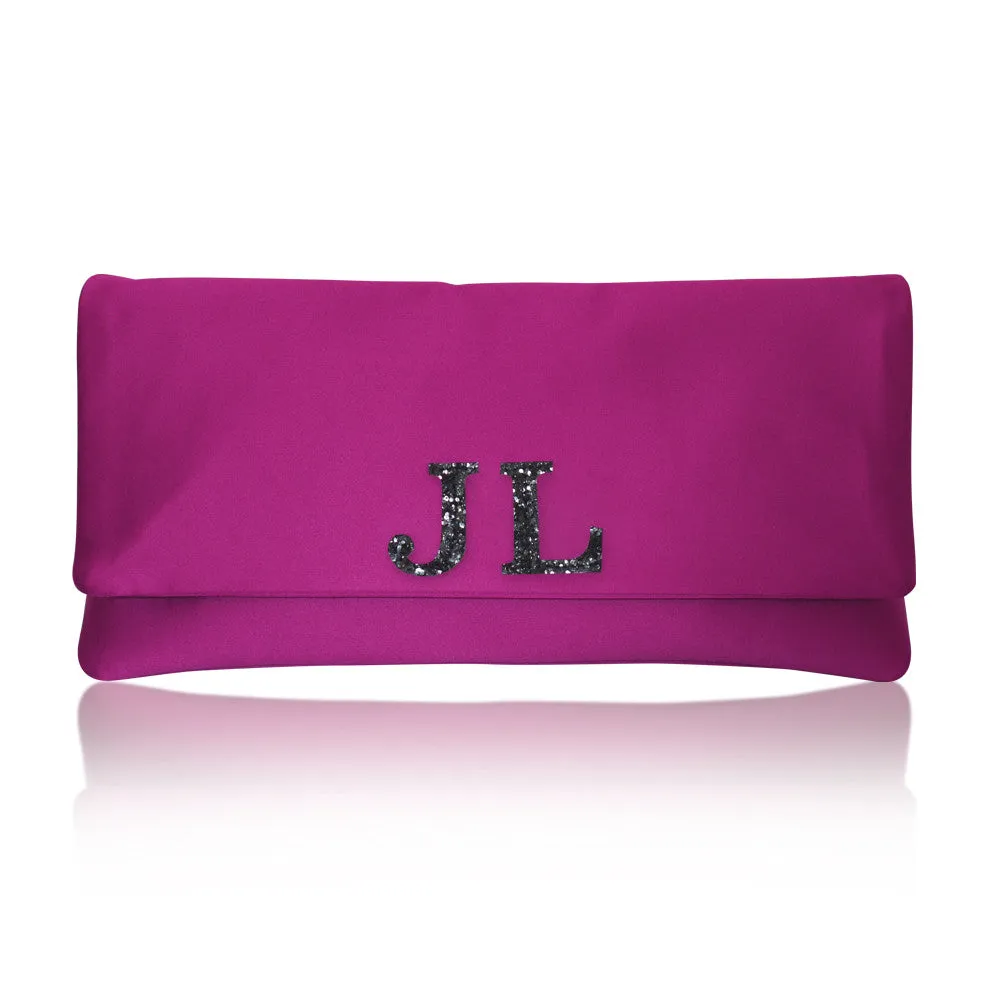 Monogram glitter initial satin medium clutch handbag