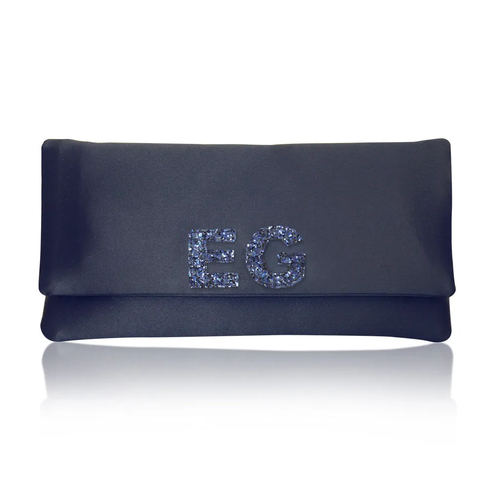 Monogram glitter initial satin medium clutch handbag