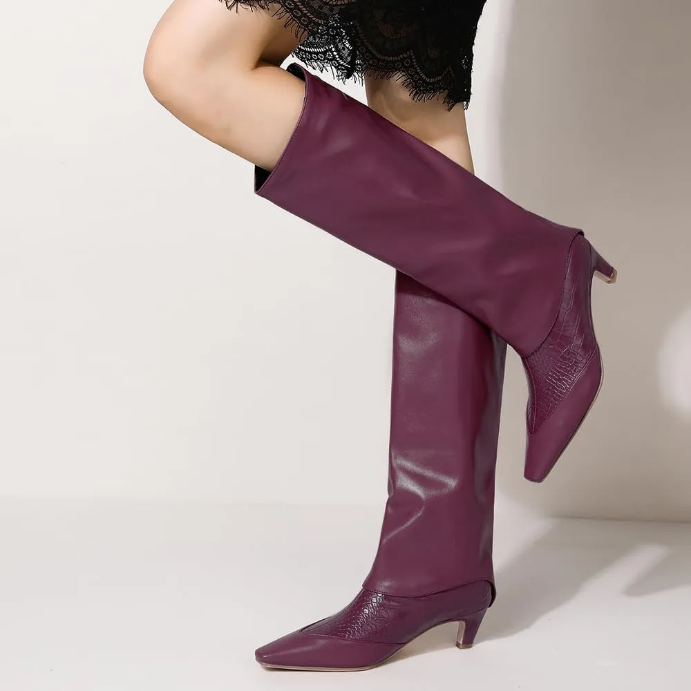 MOOMMO Women Vintage Kitten Heel Knee High Boots Square Toe Wide Calf Boots Trouser Leg Pull On Crocodile Animal Print Dress Boots Cap Toe Patchwork Chic Retro Fashion Wedding Party Fall 4-11 M US