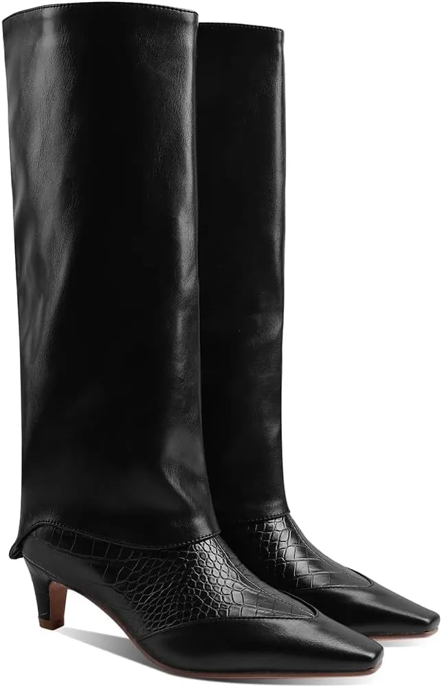 MOOMMO Women Vintage Kitten Heel Knee High Boots Square Toe Wide Calf Boots Trouser Leg Pull On Crocodile Animal Print Dress Boots Cap Toe Patchwork Chic Retro Fashion Wedding Party Fall 4-11 M US