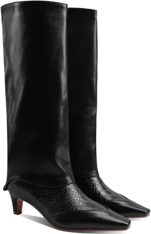 MOOMMO Women Vintage Kitten Heel Knee High Boots Square Toe Wide Calf Boots Trouser Leg Pull On Crocodile Animal Print Dress Boots Cap Toe Patchwork Chic Retro Fashion Wedding Party Fall 4-11 M US