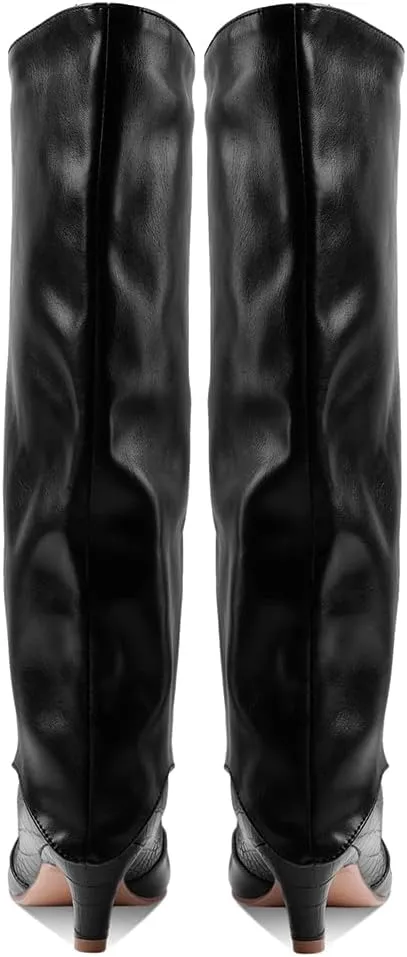 MOOMMO Women Vintage Kitten Heel Knee High Boots Square Toe Wide Calf Boots Trouser Leg Pull On Crocodile Animal Print Dress Boots Cap Toe Patchwork Chic Retro Fashion Wedding Party Fall 4-11 M US