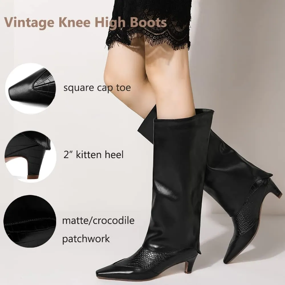 MOOMMO Women Vintage Kitten Heel Knee High Boots Square Toe Wide Calf Boots Trouser Leg Pull On Crocodile Animal Print Dress Boots Cap Toe Patchwork Chic Retro Fashion Wedding Party Fall 4-11 M US