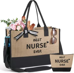 Mothers Day Gifts Mom Wife Grandma Sister Her Birthday Gifts for Women Large Jute Tote Bag and Makeup Bag Set