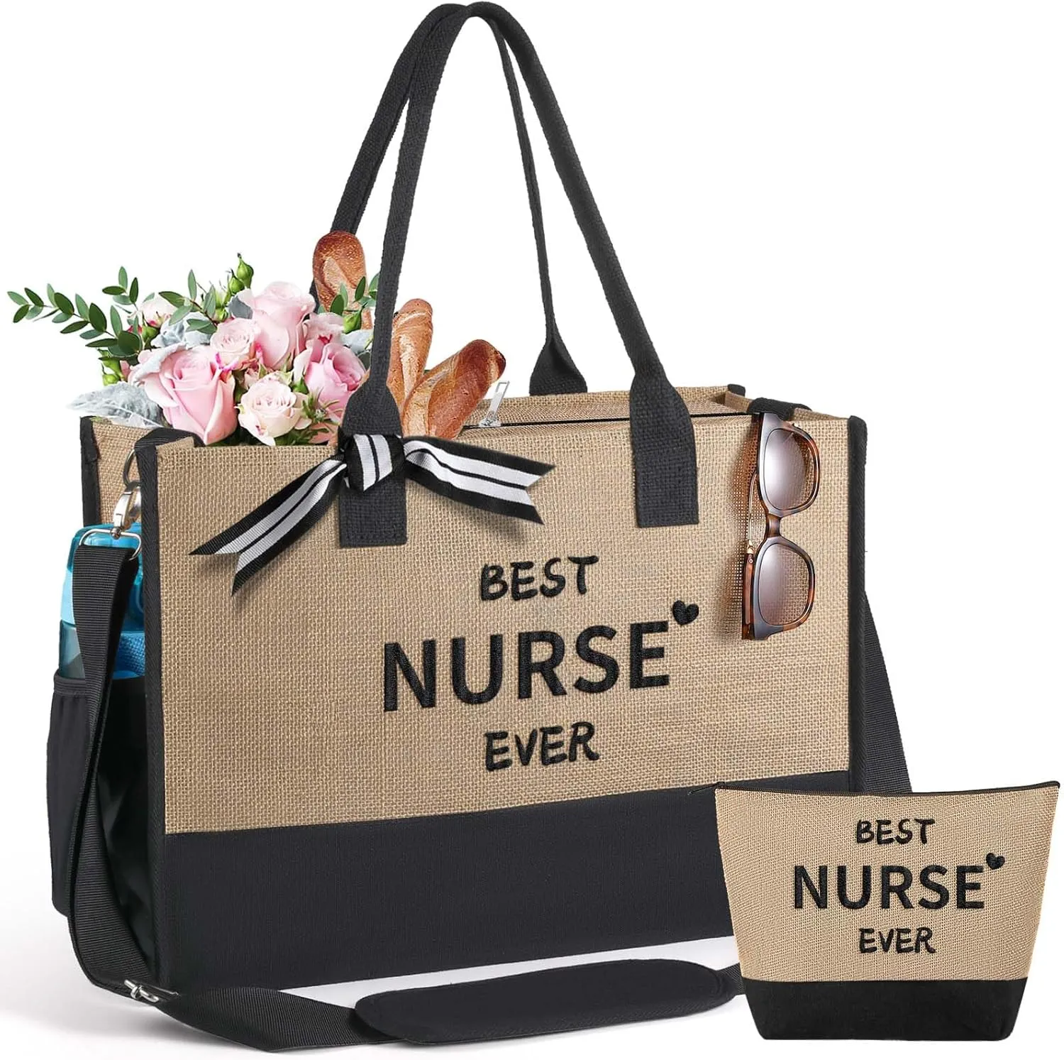 Mothers Day Gifts Mom Wife Grandma Sister Her Birthday Gifts for Women Large Jute Tote Bag and Makeup Bag Set