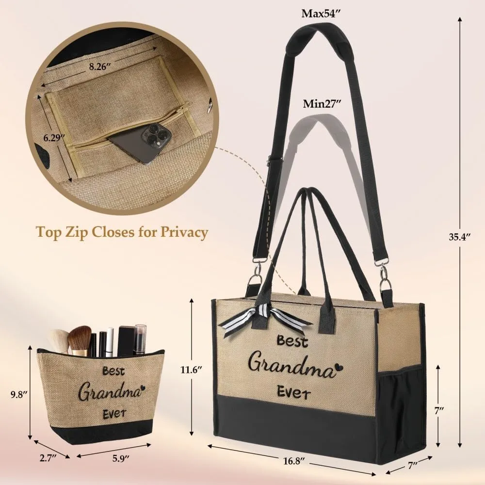 Mothers Day Gifts Mom Wife Grandma Sister Her Birthday Gifts for Women Large Jute Tote Bag and Makeup Bag Set