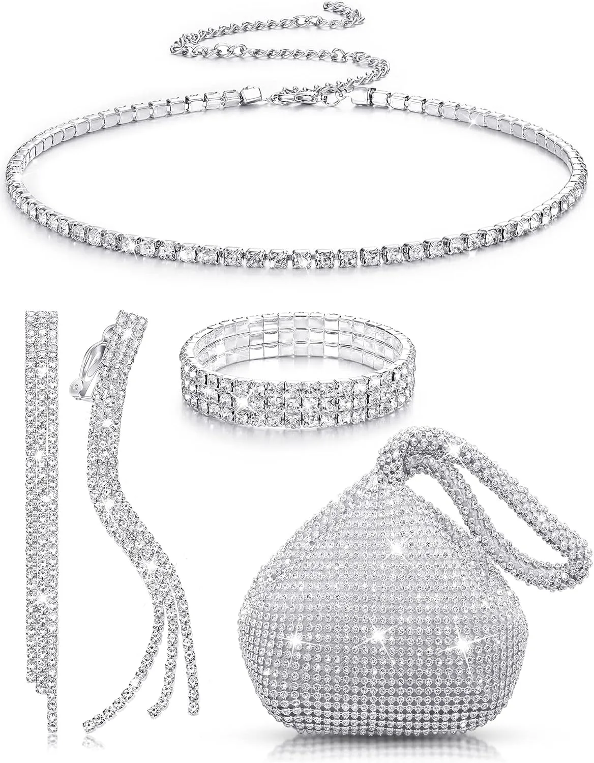 MTLEE Women Clutch Purse Rhinestone Jewelry Set 4 Pieces Rhinestone Ear Clip Bridal Wedding Choker Bracelet Dangle Ear Clip Triangle Bling Glitter Purse for Party
