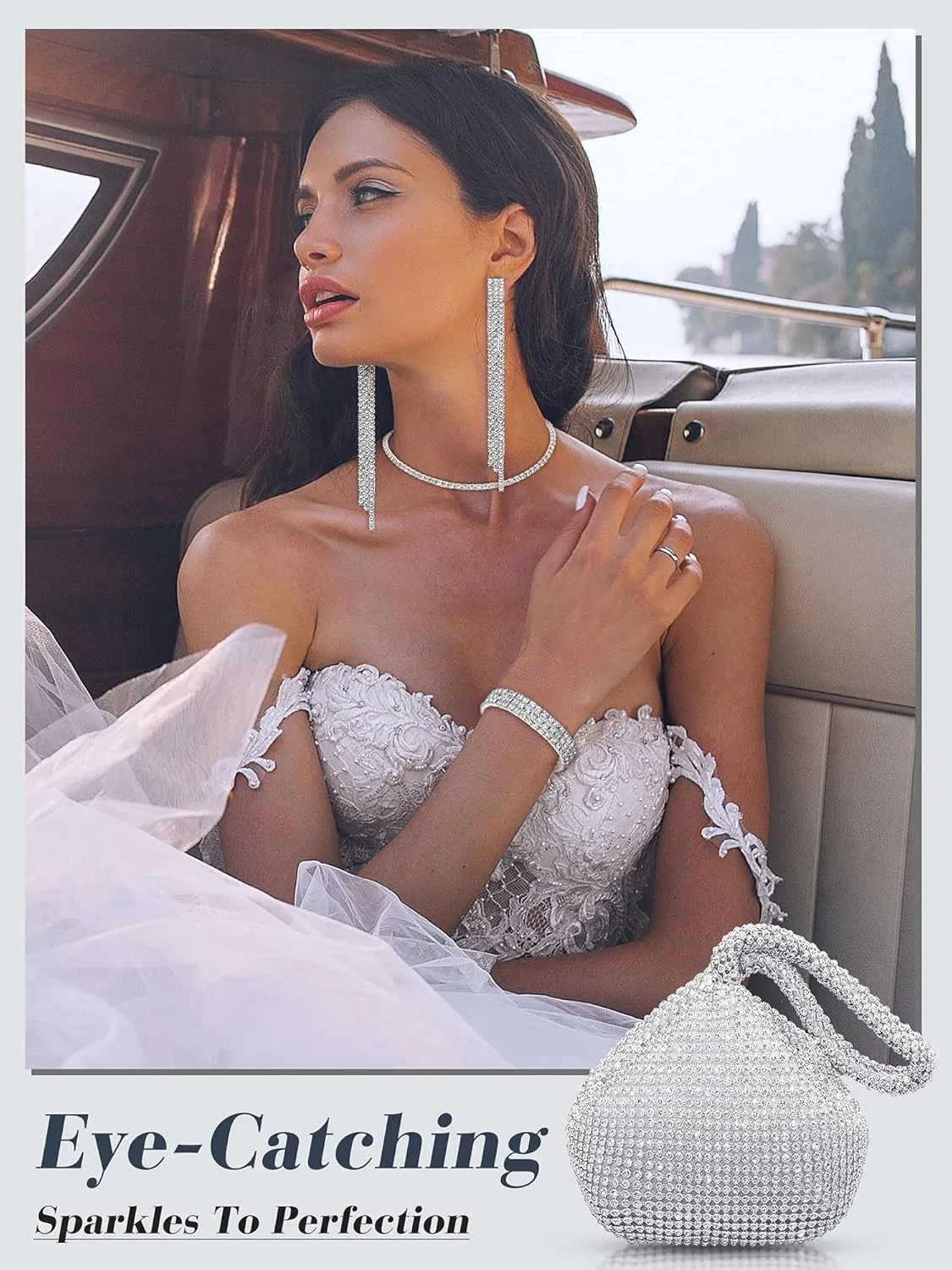 MTLEE Women Clutch Purse Rhinestone Jewelry Set 4 Pieces Rhinestone Ear Clip Bridal Wedding Choker Bracelet Dangle Ear Clip Triangle Bling Glitter Purse for Party