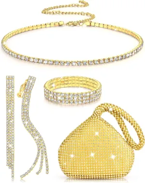 MTLEE Women Clutch Purse Rhinestone Jewelry Set 4 Pieces Rhinestone Ear Clip Bridal Wedding Choker Bracelet Dangle Ear Clip Triangle Bling Glitter Purse for Party