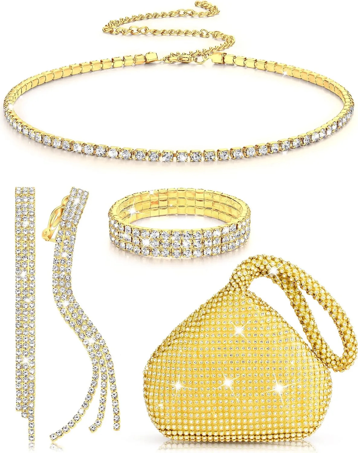 MTLEE Women Clutch Purse Rhinestone Jewelry Set 4 Pieces Rhinestone Ear Clip Bridal Wedding Choker Bracelet Dangle Ear Clip Triangle Bling Glitter Purse for Party