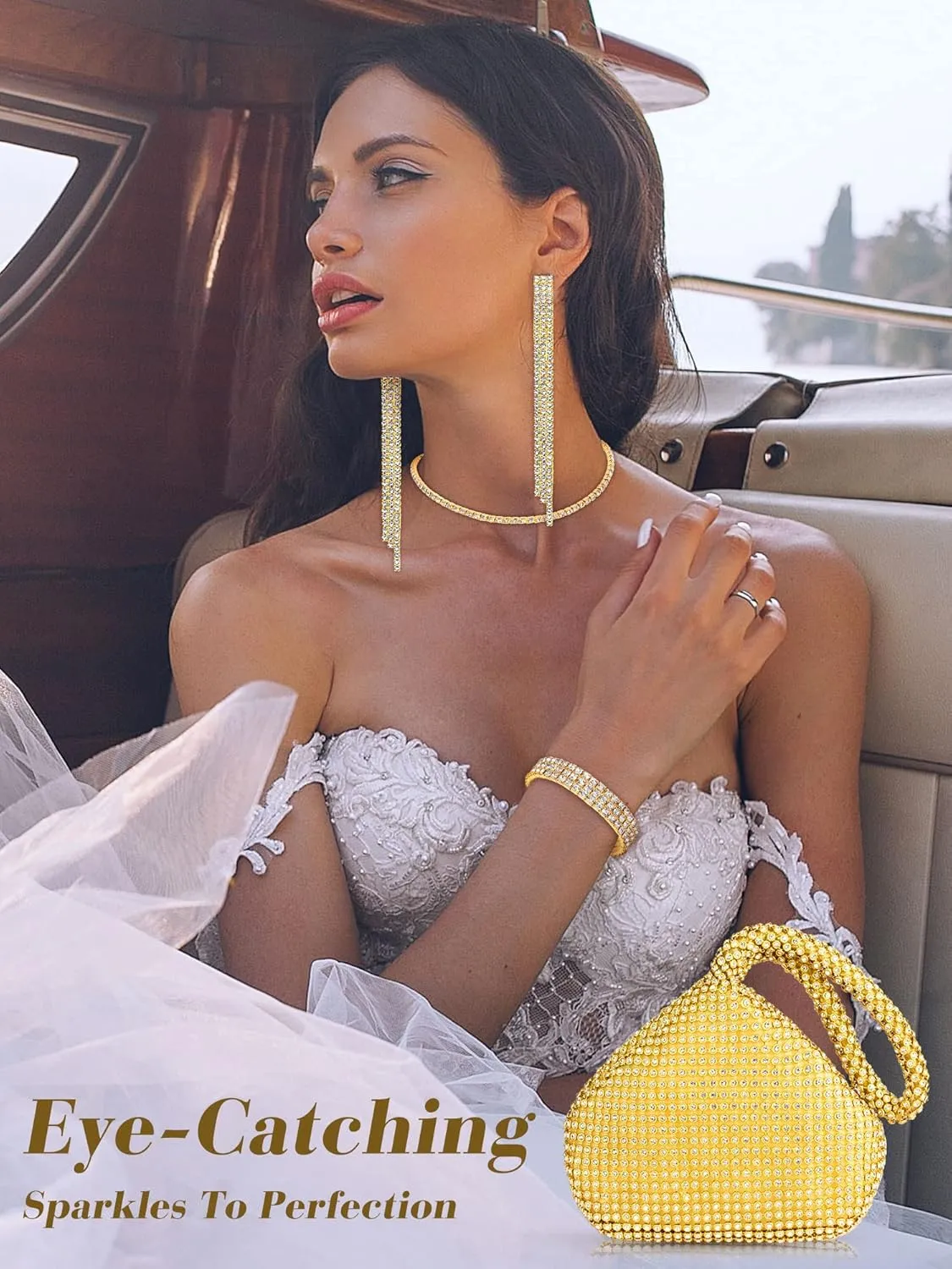 MTLEE Women Clutch Purse Rhinestone Jewelry Set 4 Pieces Rhinestone Ear Clip Bridal Wedding Choker Bracelet Dangle Ear Clip Triangle Bling Glitter Purse for Party
