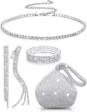 MTLEE Women Clutch Purse Rhinestone Jewelry Set 4 Pieces Rhinestone Ear Clip Bridal Wedding Choker Bracelet Dangle Ear Clip Triangle Bling Glitter Purse for Party