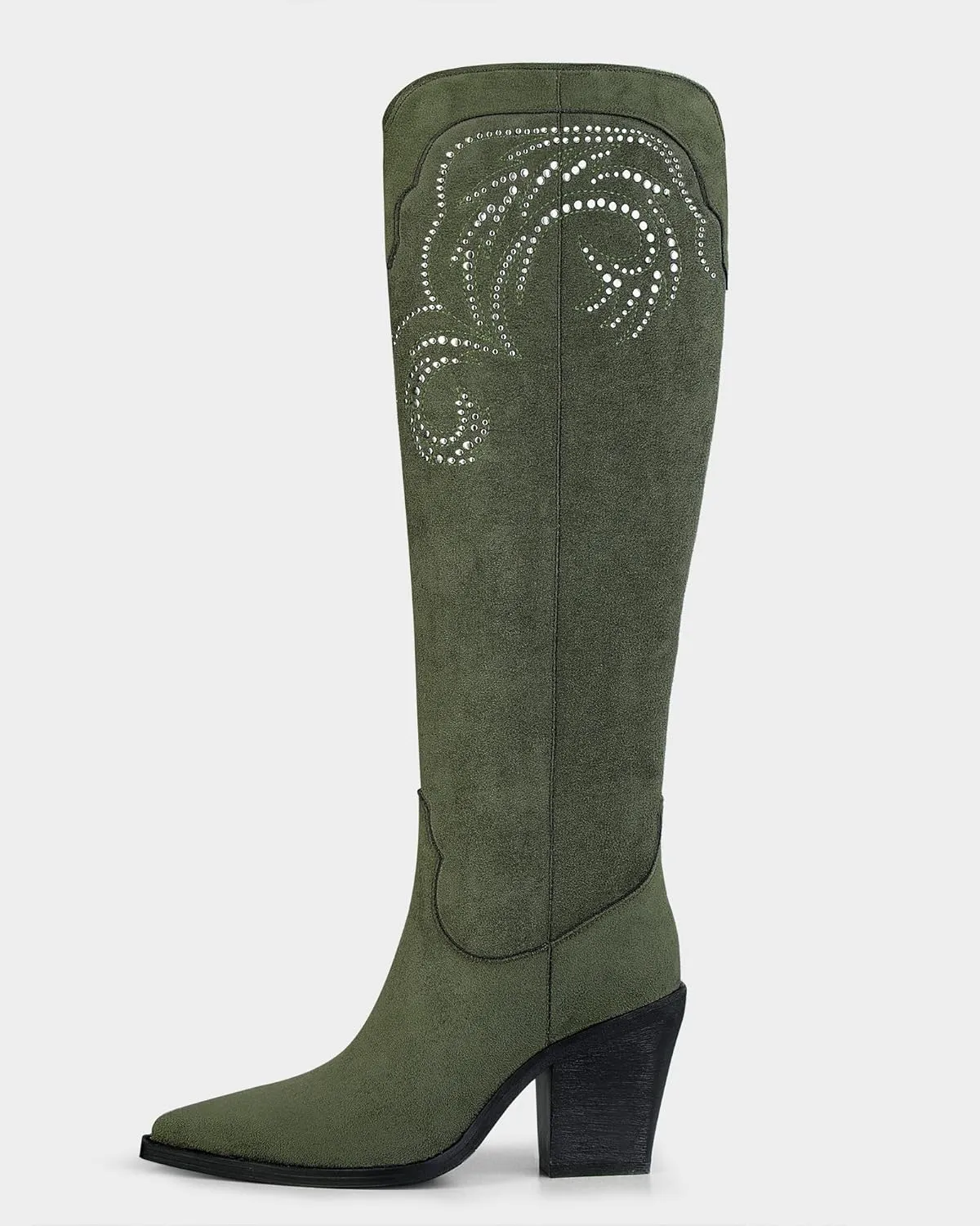 MUCCCUTE Cowgirl Boots Women Cowboy Knee High Boots Pointed Toe Chunky Heel Suede and Faux Leather Botas with Stud Embroidered