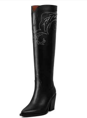 MUCCCUTE Cowgirl Boots Women Cowboy Knee High Boots Pointed Toe Chunky Heel Suede and Faux Leather Botas with Stud Embroidered