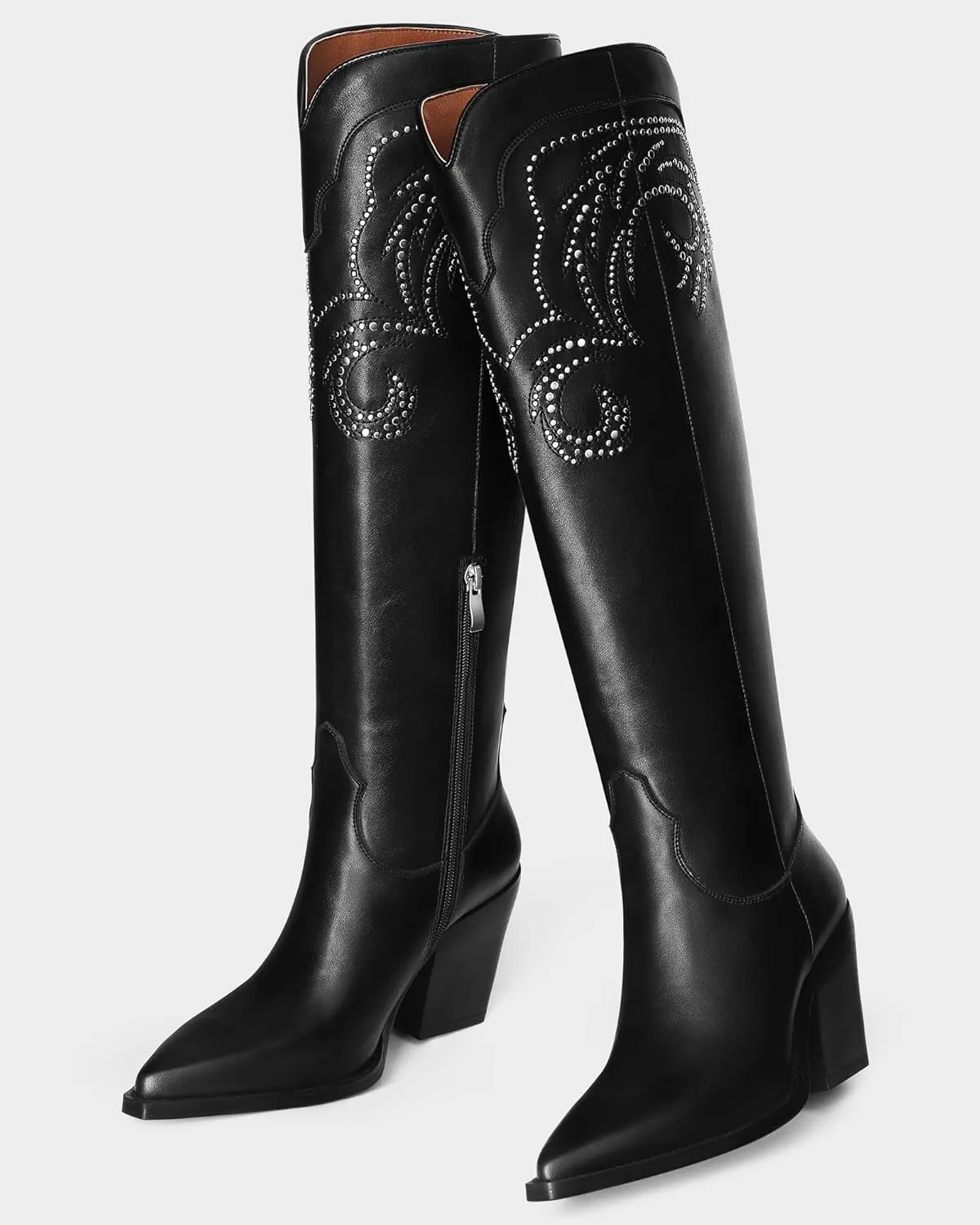 MUCCCUTE Cowgirl Boots Women Cowboy Knee High Boots Pointed Toe Chunky Heel Suede and Faux Leather Botas with Stud Embroidered