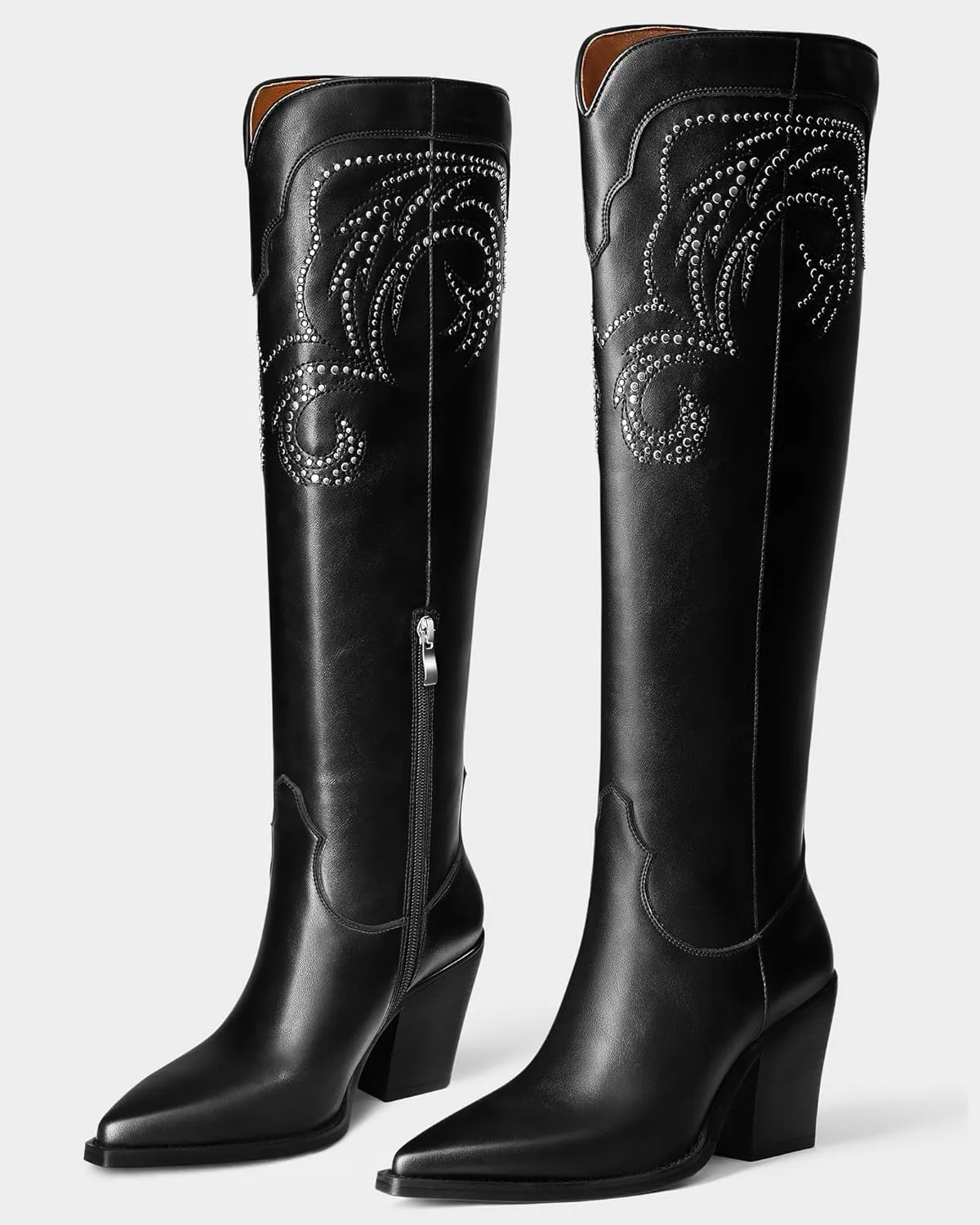 MUCCCUTE Cowgirl Boots Women Cowboy Knee High Boots Pointed Toe Chunky Heel Suede and Faux Leather Botas with Stud Embroidered