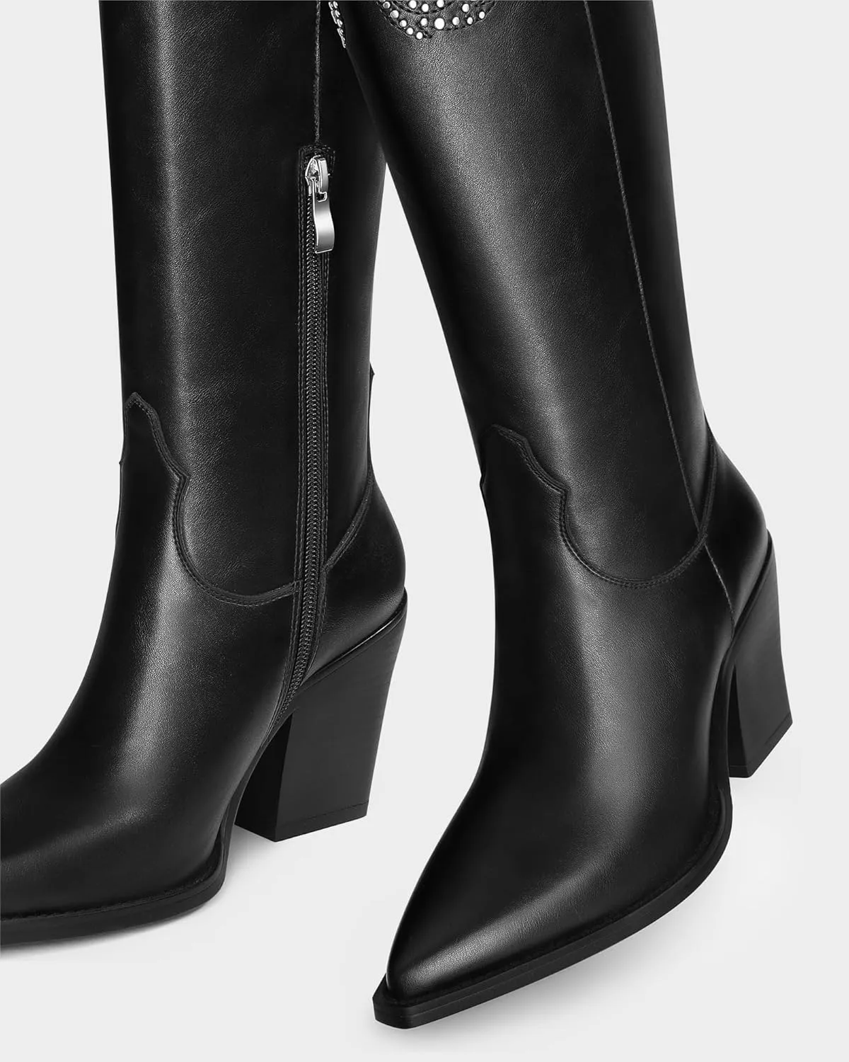 MUCCCUTE Cowgirl Boots Women Cowboy Knee High Boots Pointed Toe Chunky Heel Suede and Faux Leather Botas with Stud Embroidered